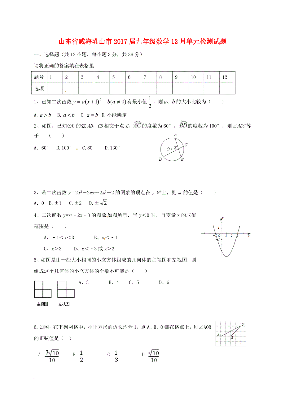 九年级数学12月单元检测试题 五四制_第1页