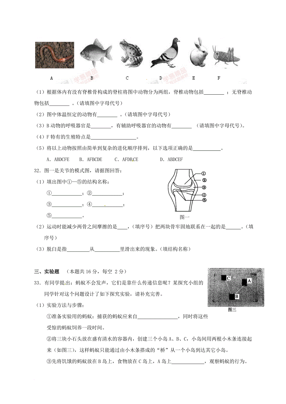 八年级生物上学期期中试题（无答案） 新人教版0_第4页