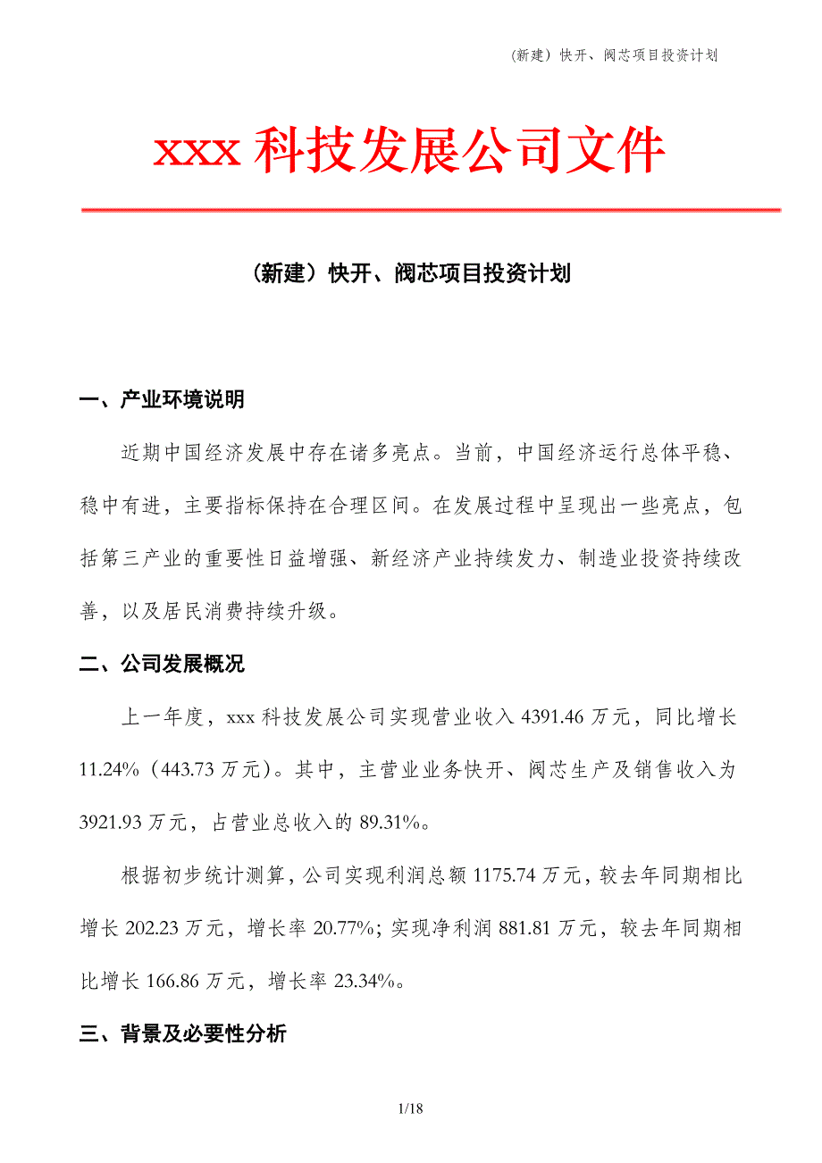 (新建）快开、阀芯项目投资计划_第1页