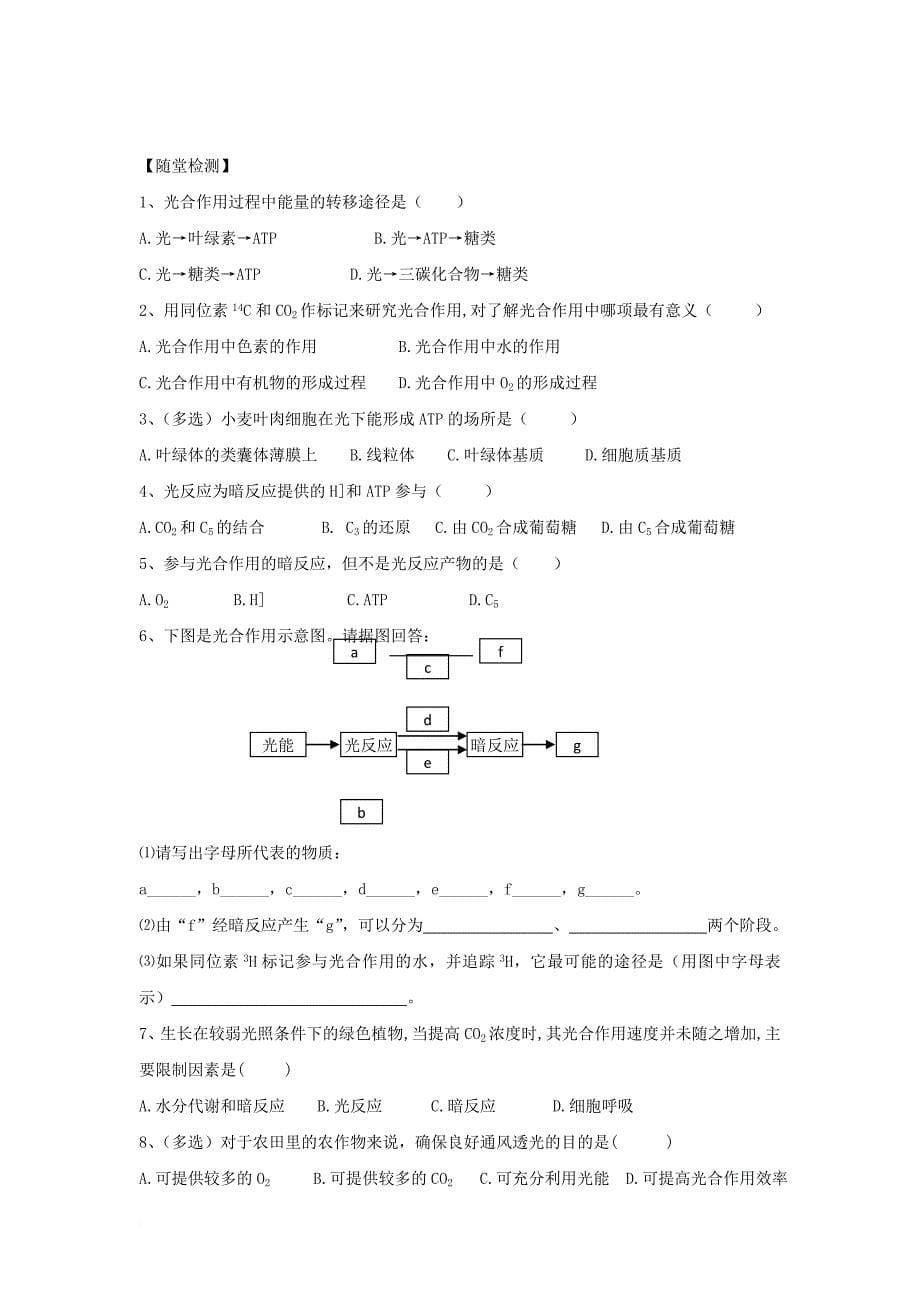 高中生物 第五章 细胞的能量供应和利用 5_4 光合作用的原理和应用导学案（无答案）新人教版必修1_第5页