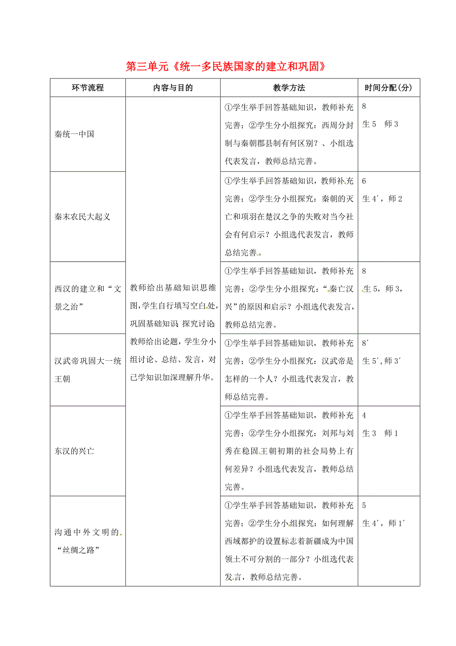 七年级历史上册第3单元秦汉时期统一多民族国家的建立和巩固复习课教学流程新人教版_第1页