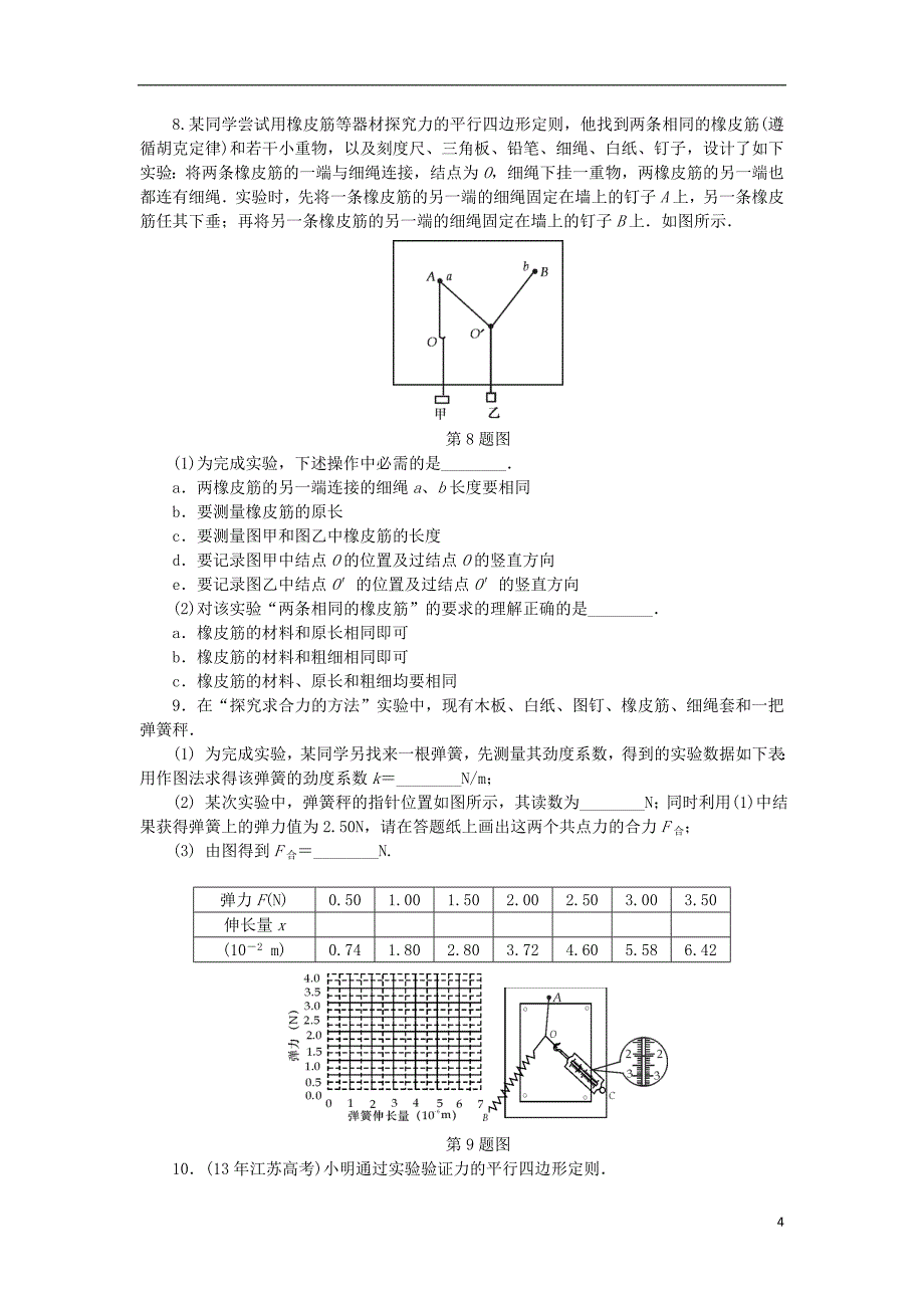 2019高考物理一轮复习 课时作业（九）实验、探究： 力的平行四边形定则（无答案）_第4页