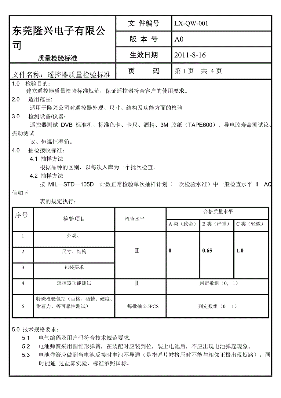 遥控器检验标准_第1页