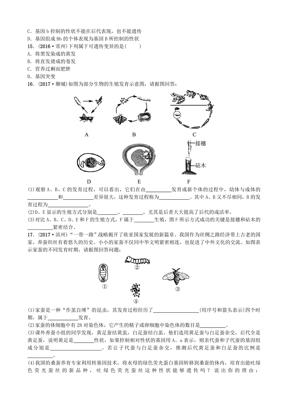 中考生物总复习 专题十 生物的生殖、发育与遗传专题演练_第3页