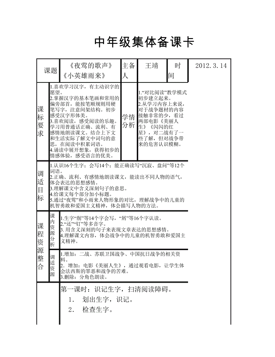 中年级集体备课卡_第1页