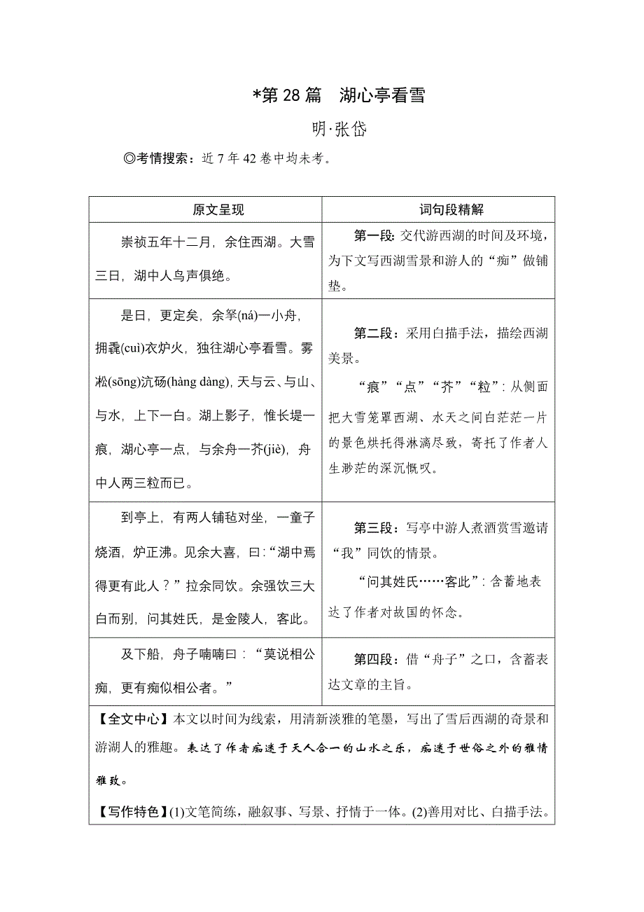 2018版中考面对面初中（湖南）语文复习练习：第28篇   湖心亭看雪_第1页