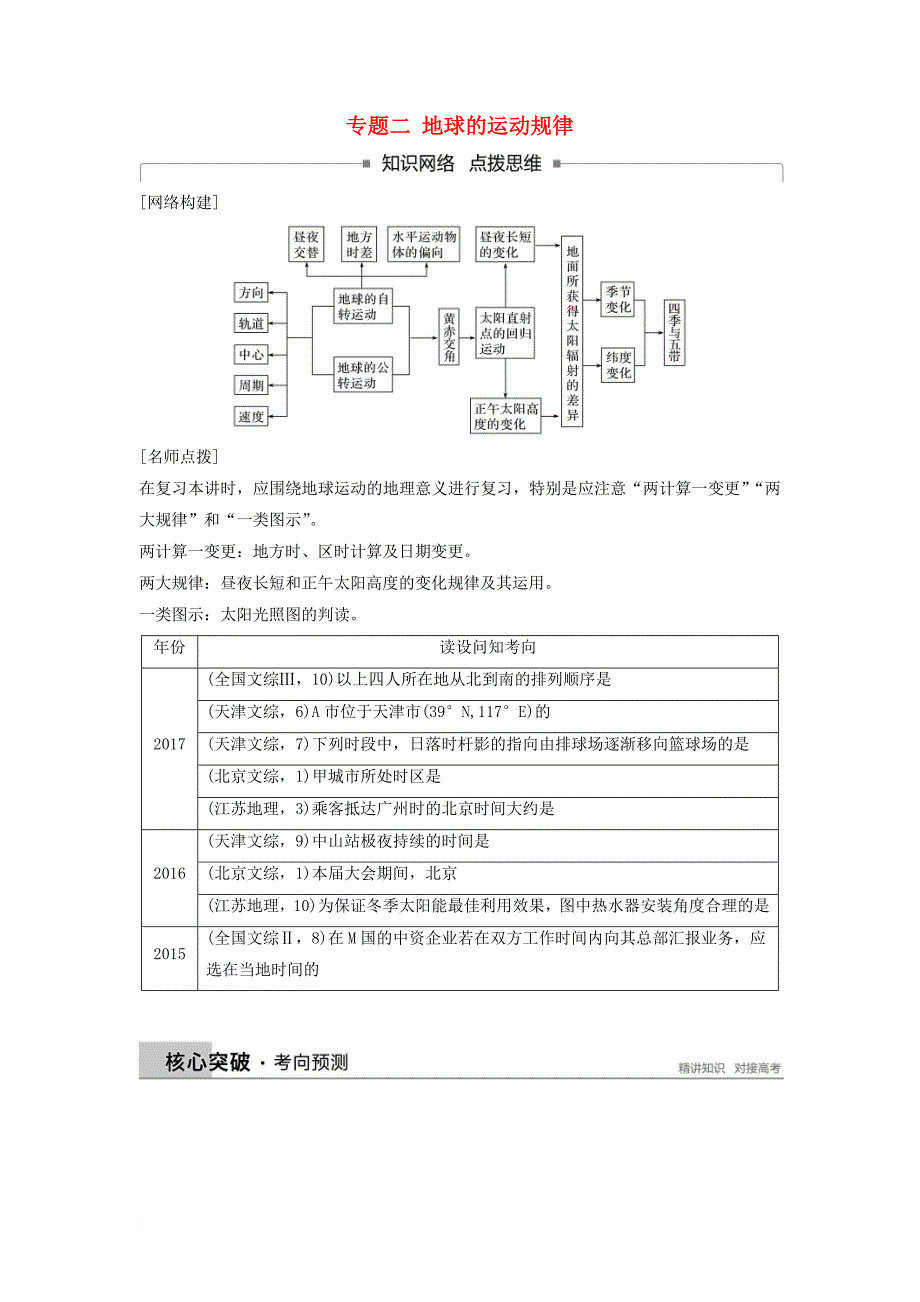 高考地理二轮专题复习 专题二 地球的运动规律讲义 新人教版_第1页