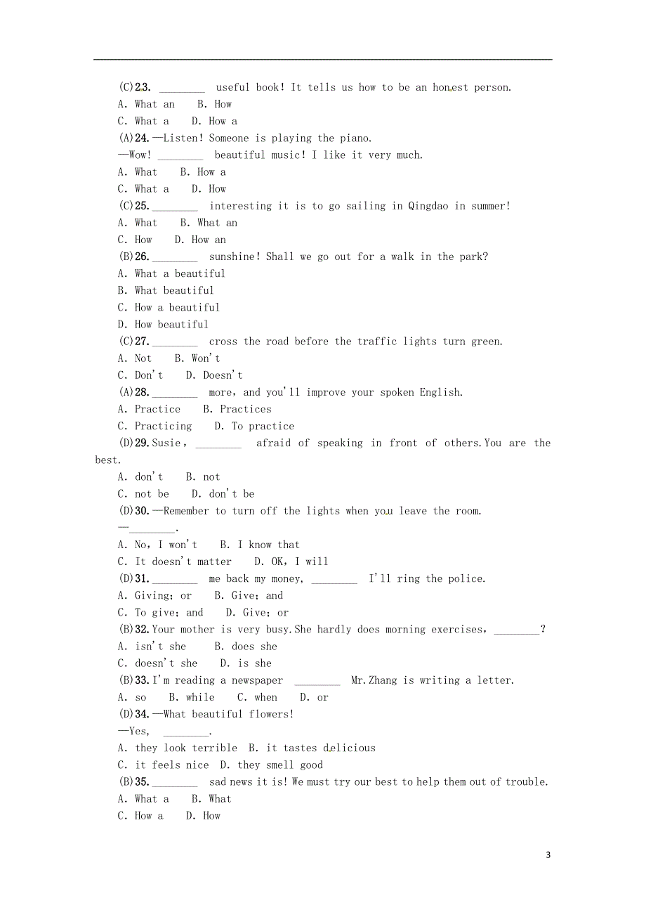 云南专版2019年中考英语总复习第二部分语法专项突破篇1基础语法十一简单句练习_第3页