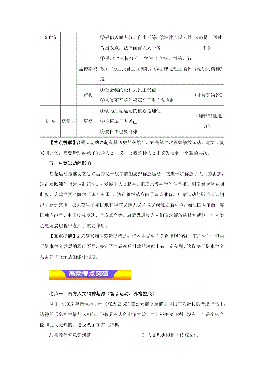 高考历史二轮复习 专题08 西方人文精神的发展和近代世界的科技、文化教学案_第4页