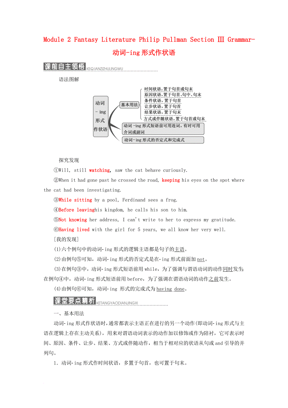 高中英语 module 2 fantasy literature philip pullman section ⅲ grammar-动词-ing形式作状语教学案 外研版选修6_第1页