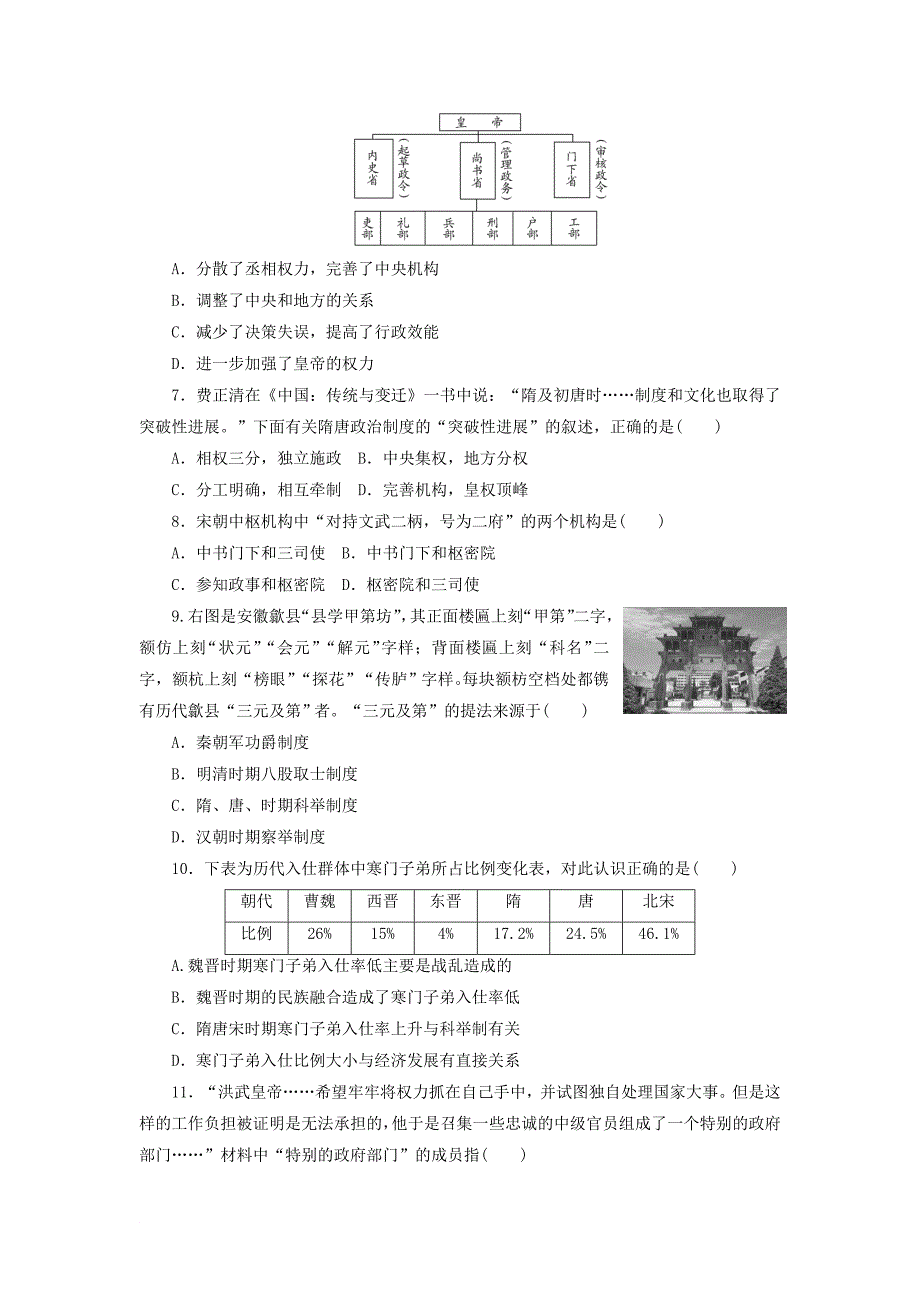 2017_2018学年高中历史专题1古代中国的政治制度专题质量检测人民版必修1_第2页