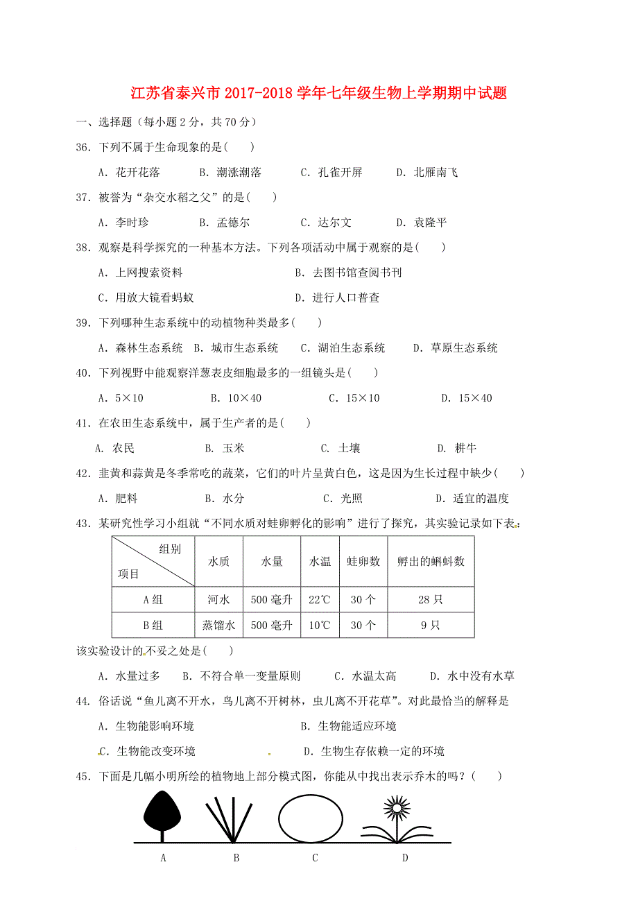 七年级生物上学期期中试题 苏教版1_第1页