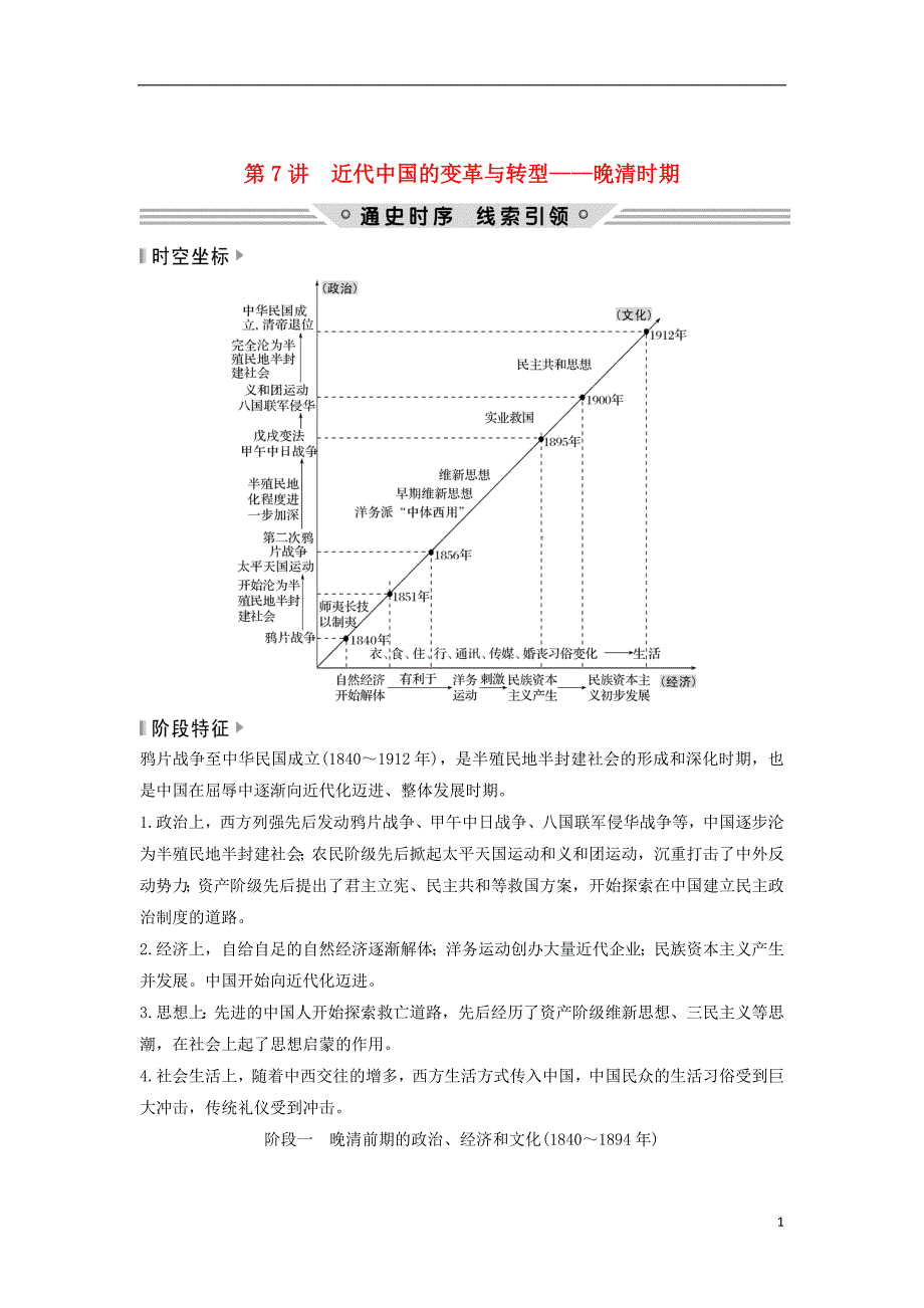 （通史版）2019版高考历史二轮复习 板块二 工业文明时代的世界与中国 第7讲 近代中国的变革与转型——晚清时期学案_第1页