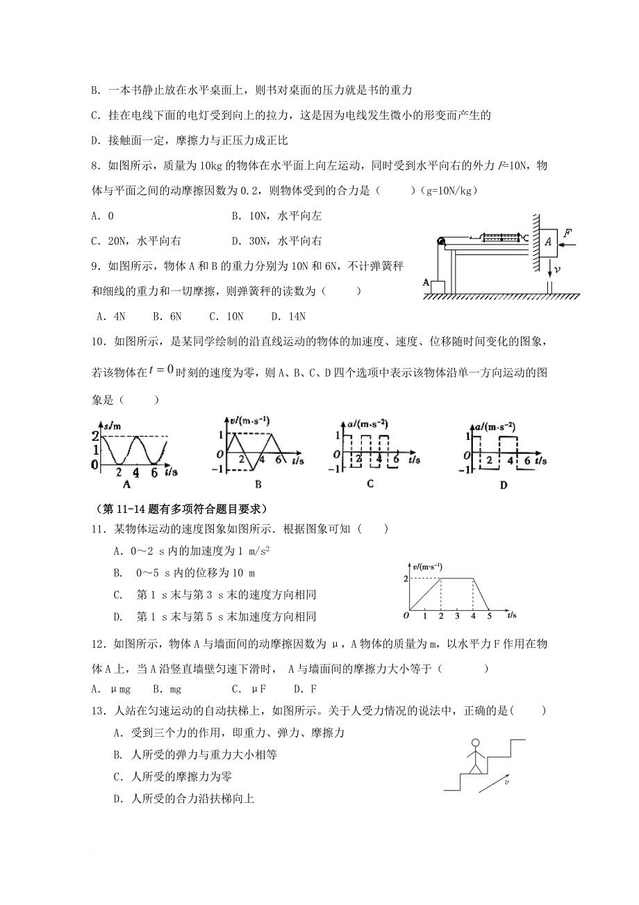 高一物理上学期期中试题（无答案）4_第2页