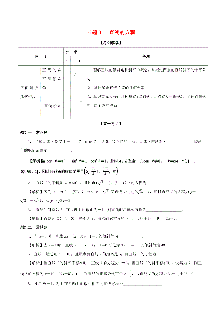 高考数学一轮复习 专题9_1 直线的方程（讲）_第1页