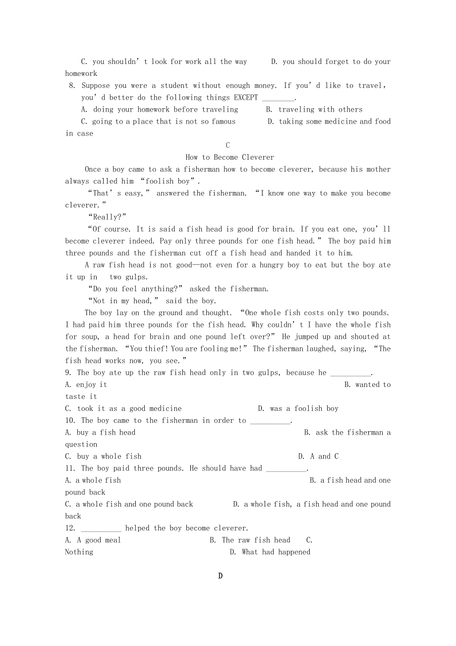 高一英语上学期第三学月考试试题（普通班）_第3页