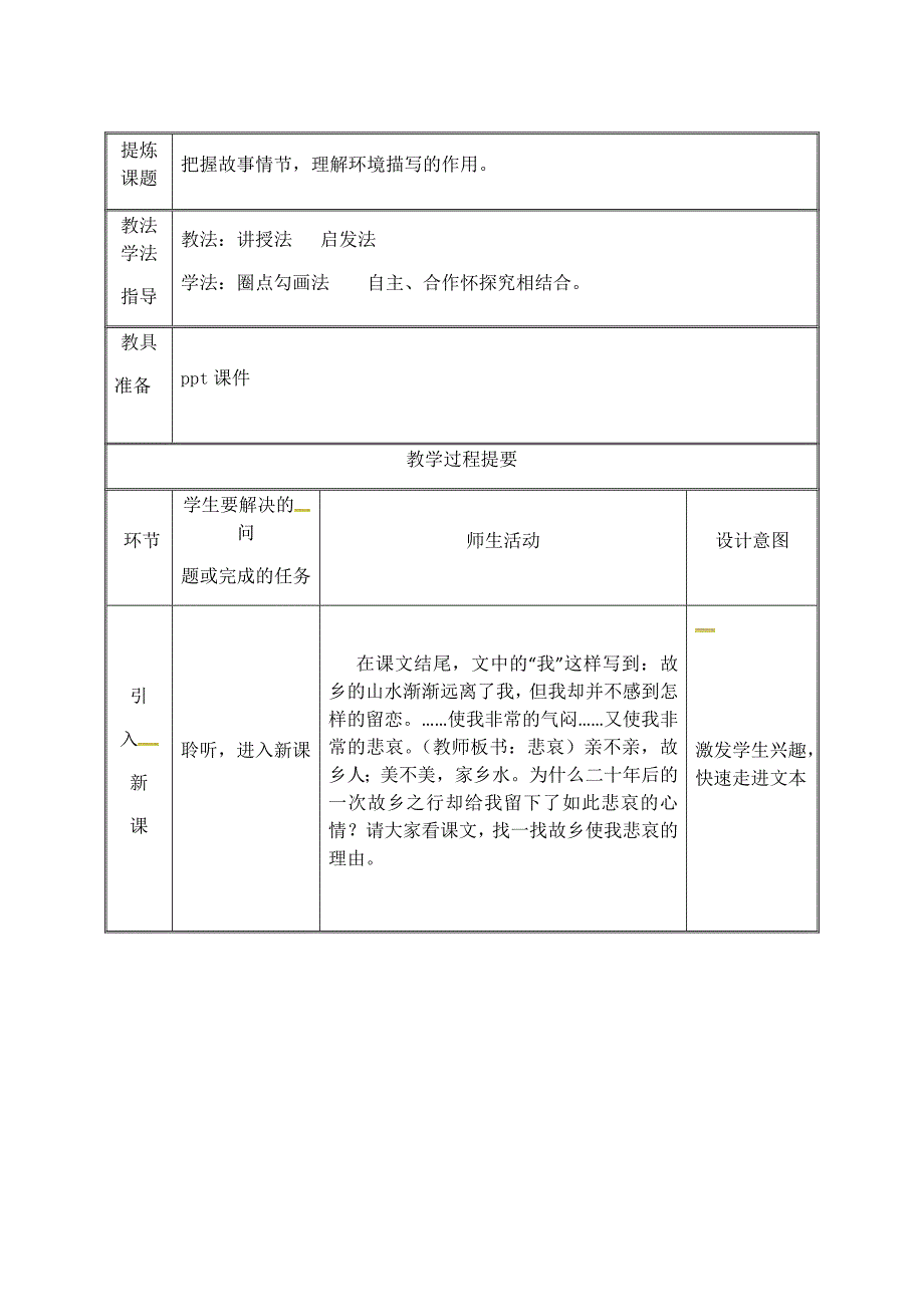 2018年秋人教版九年级语文上册教案：9故乡 第一课时_第2页