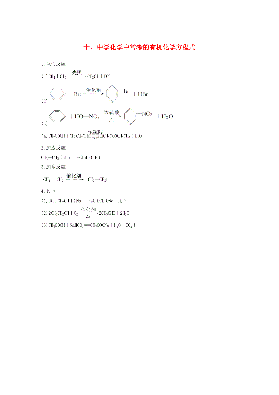 2018年高考化学二轮复习第一篇基础知识巩固十中学化学中常考的有机化学方程式_第1页