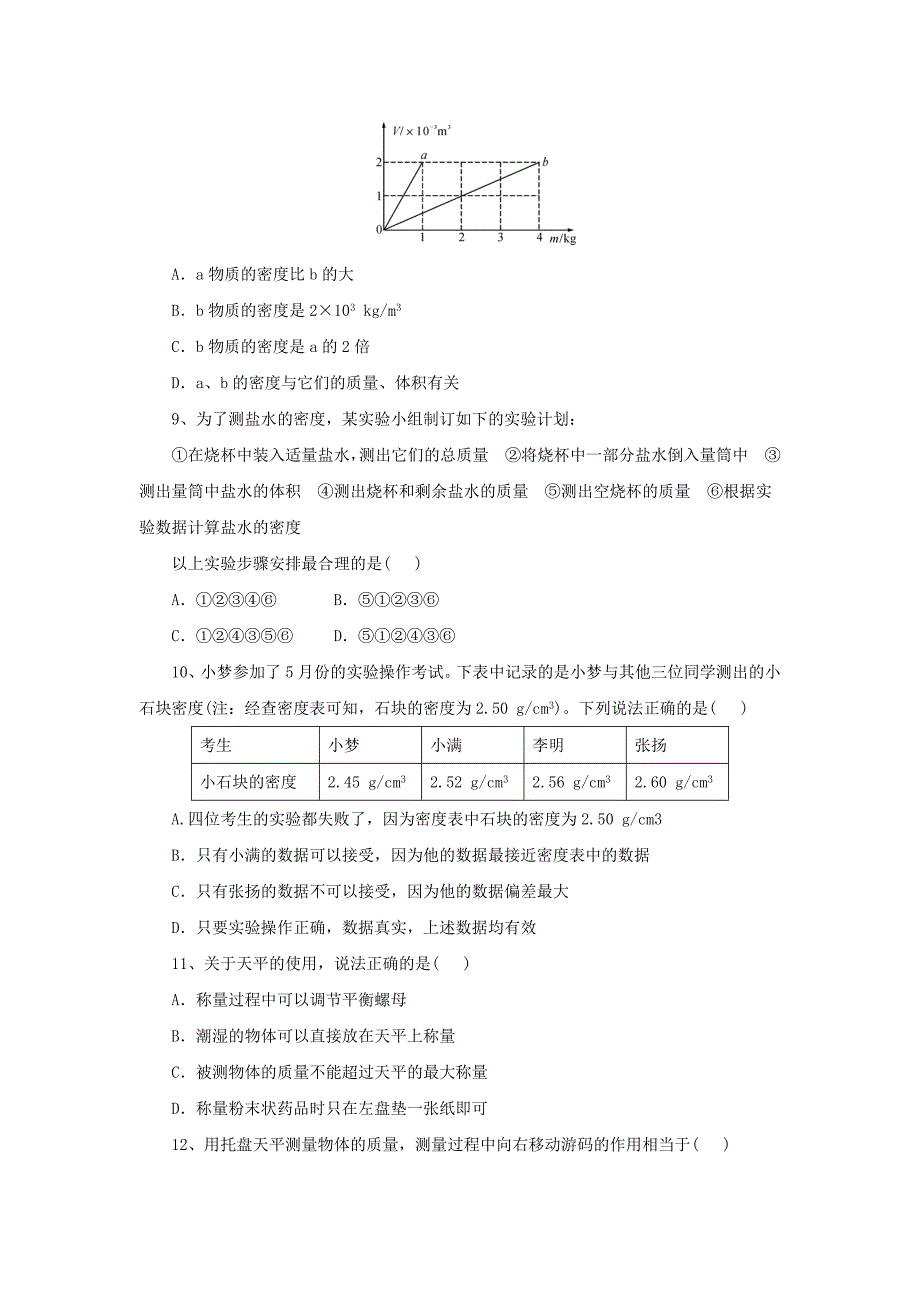 2018届中考物理一轮复习练习 专题8：质量和密度检测_第2页