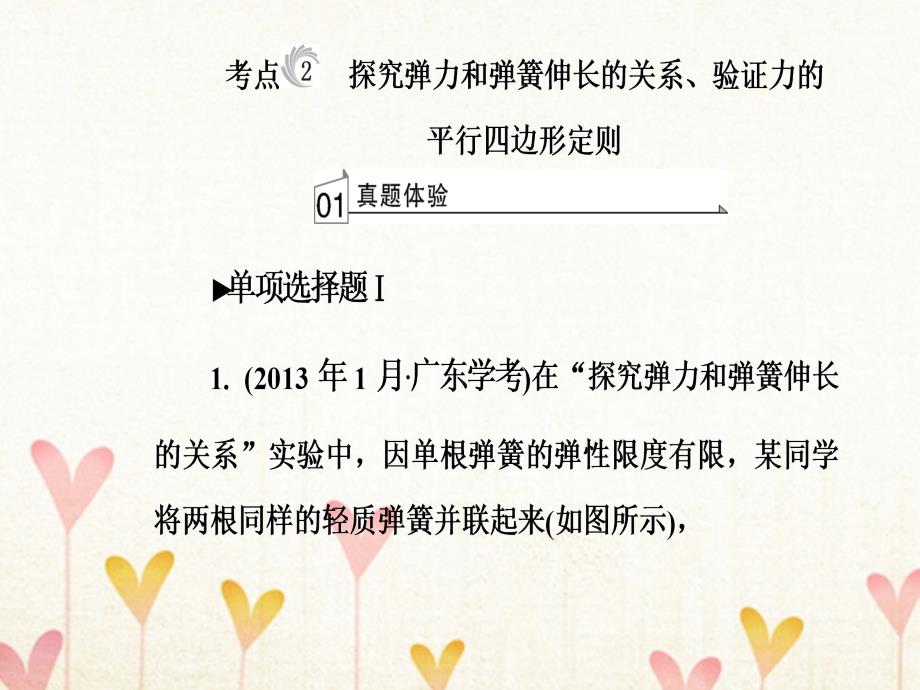 高中物理学业水平复习 专题十 考点2 探究弹力和弹簧伸长的关系验证力的平行四边形定则课件_第2页