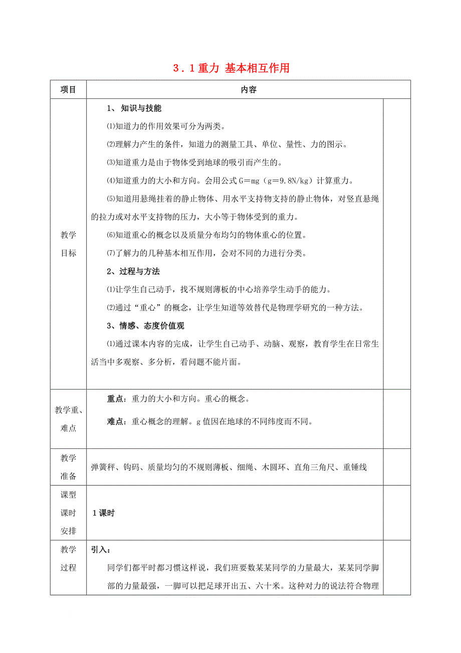 安徽省合肥市高中物理第3章相互作用3_1重力基本相互作用教案新人教版必修1_第1页