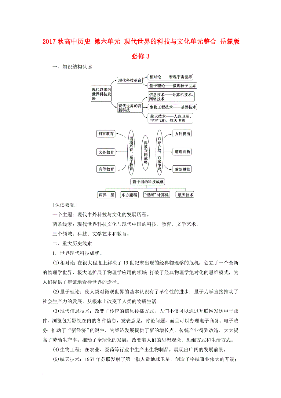 2017秋高中历史第六单元现代世界的科技与文化单元整合岳麓版必修3_第1页