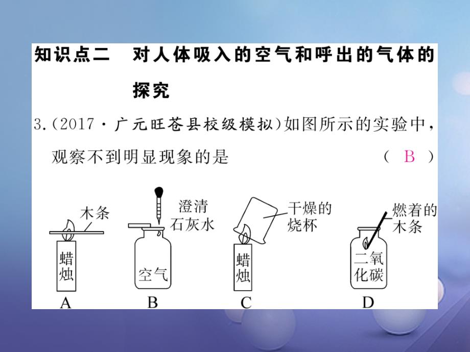 2017秋九年级化学上册1_2化学是一门以实验为基础的科学第2课时对人体吸入的空气和呼出的气体的探究同步练习课件新版新人教版_第4页