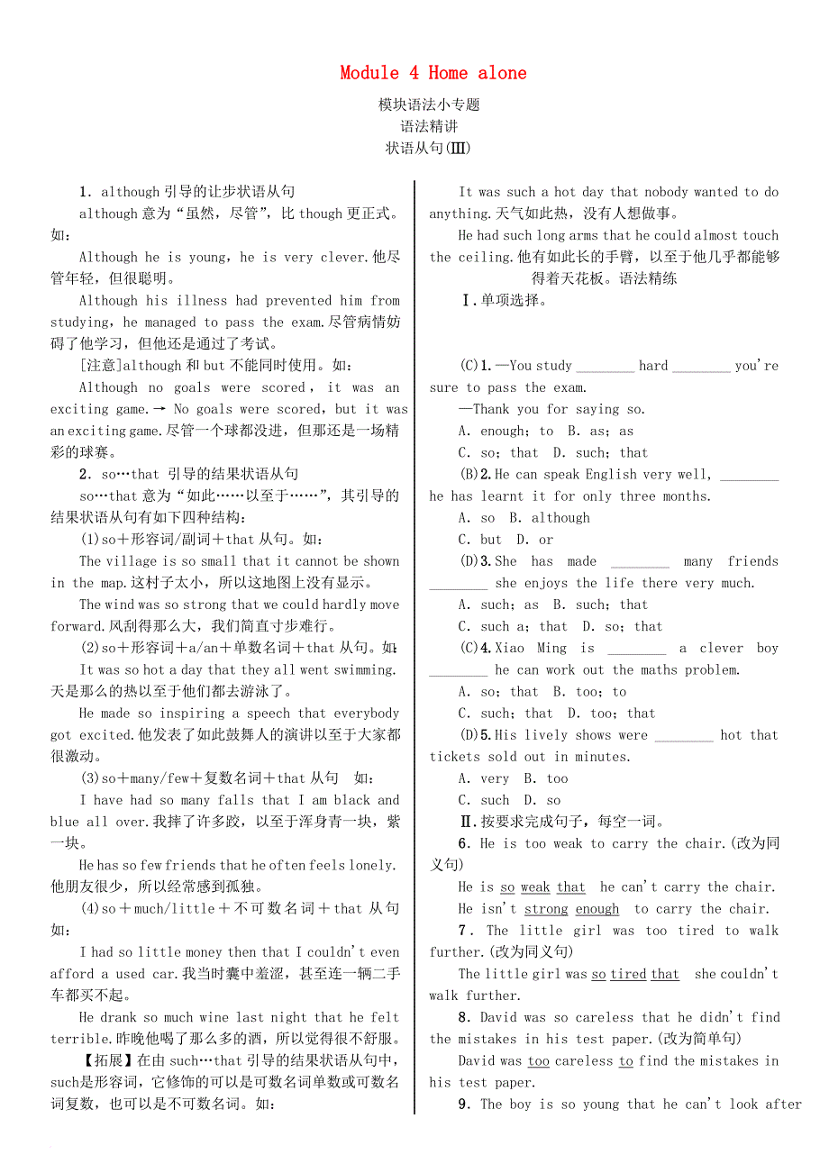 九年级英语上册 module 4 home alone模块语法小专题习题 （新版）外研版_第1页