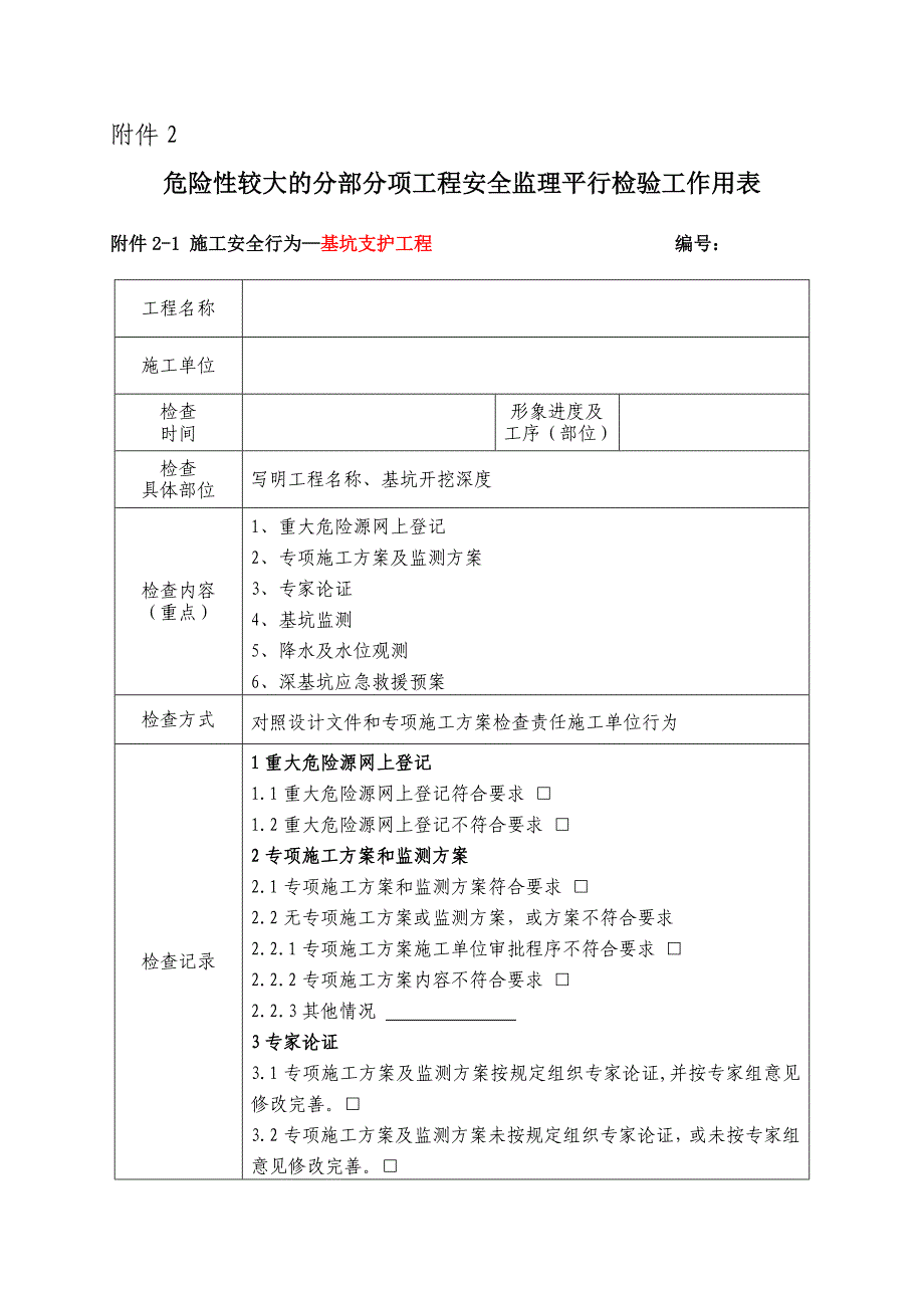 危险性较大分部分项工程安全监理平行检验工作用表_第1页