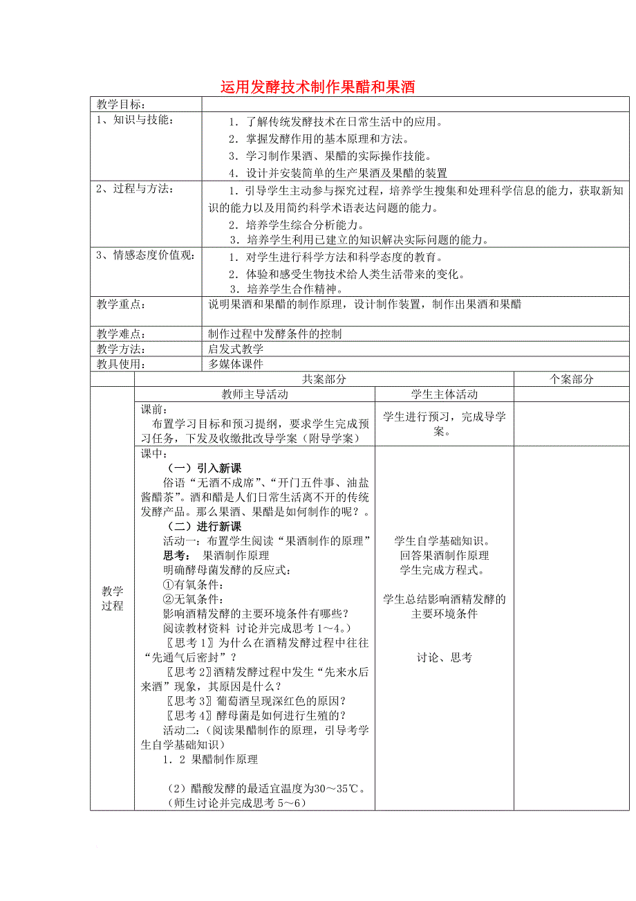 高中生物 2_1 运用发酵技术制作果醋和果酒教案（选修1）_第1页