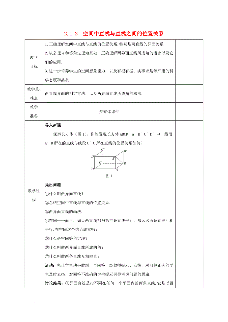 安徽省宿松县2016_2017学年高中数学第二章点直线平面之间的位置关系2_1_2空间中直线与直线之间的位置关系教案新人教a版必修2_第1页