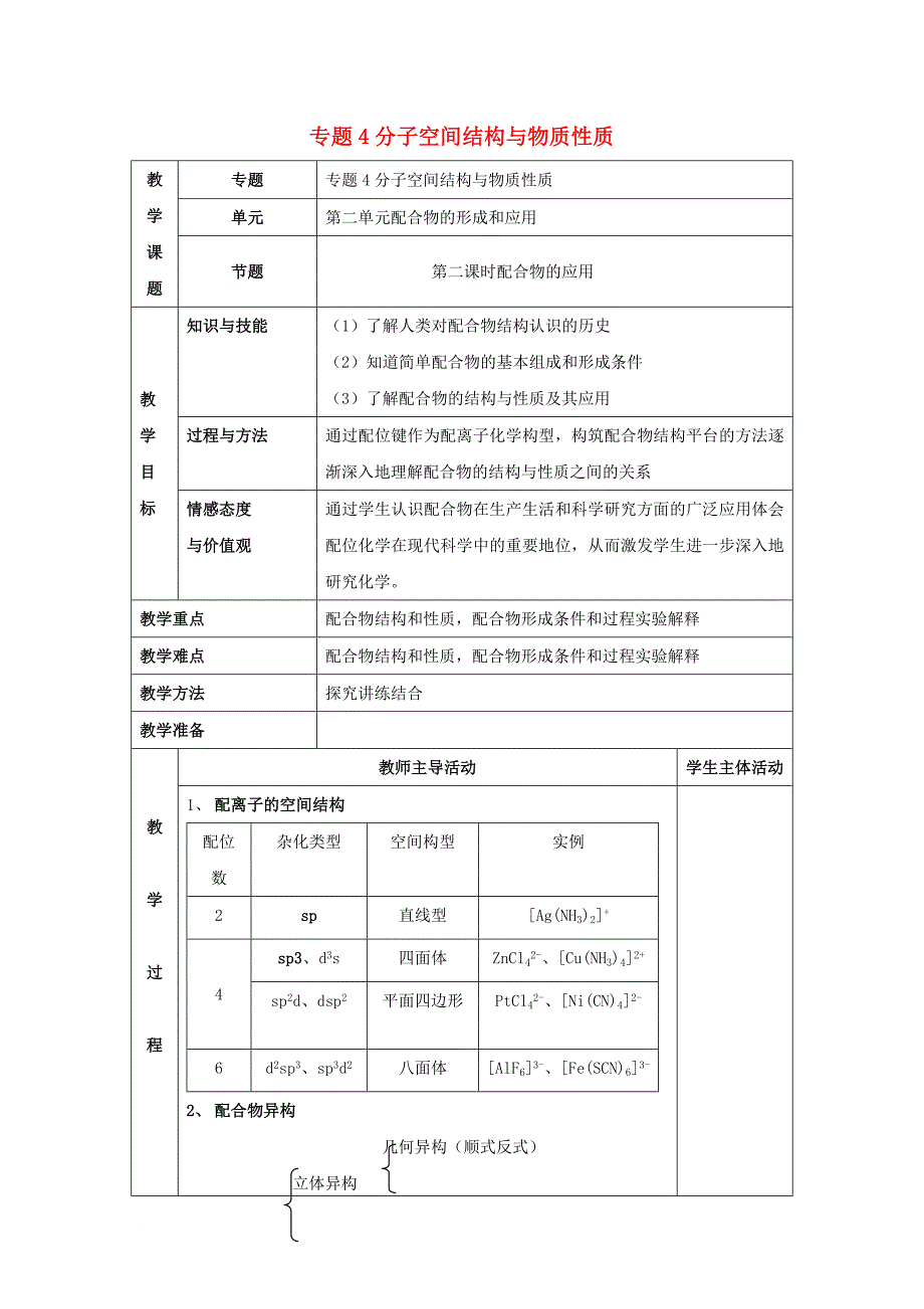 高中化学专题4分子空间结构与物质性质4_2配合物的应用教案苏教版选修3_第1页