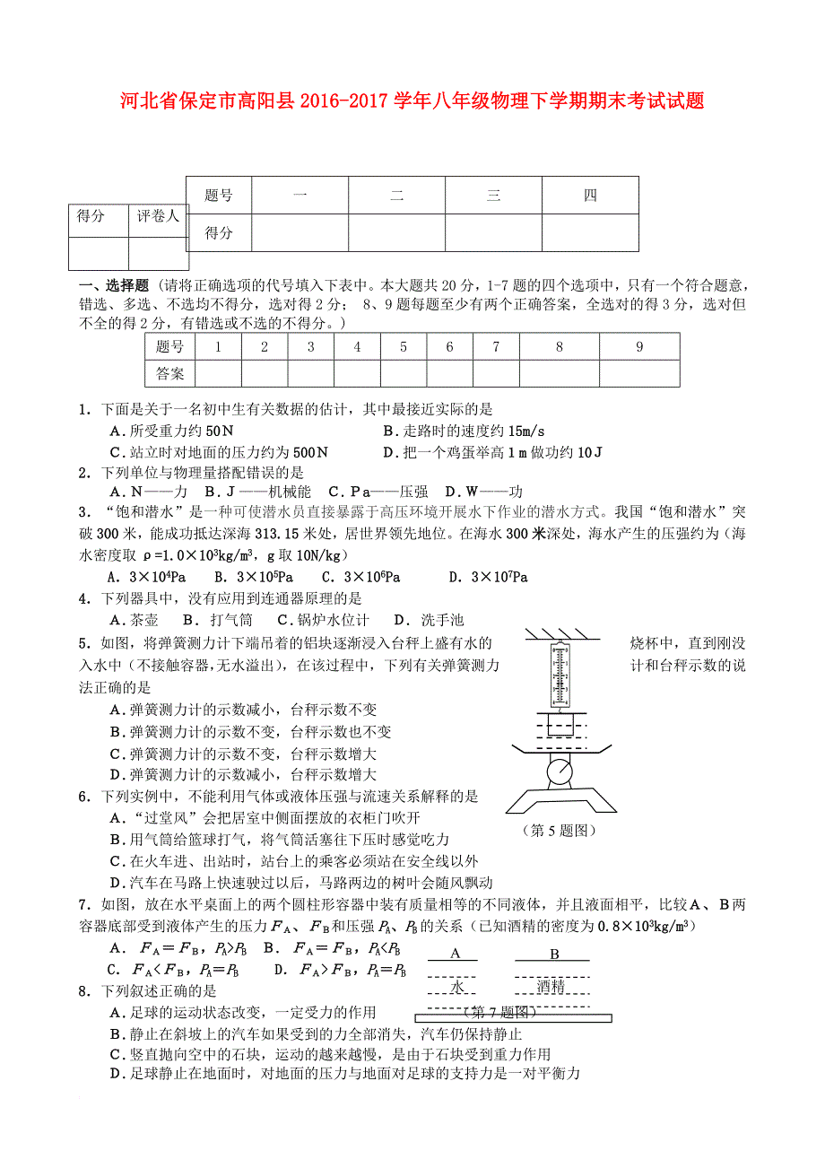 八年级物理下学期期末考试试题_6_第1页