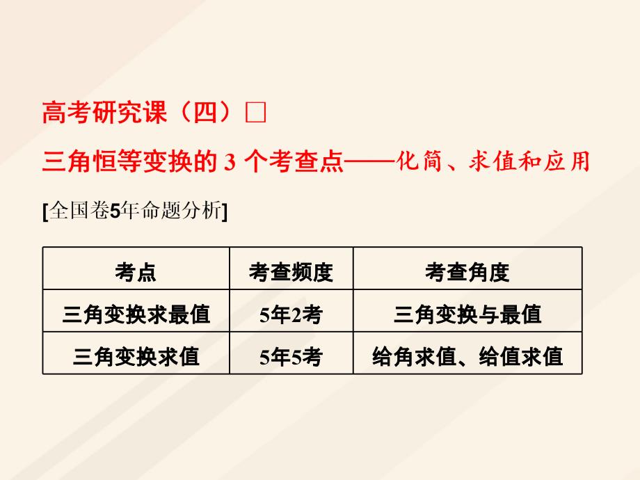 高考数学总复习 高考研究课（四）三角恒等变换的3个考查点-化简、求值和应用课件 理_第1页