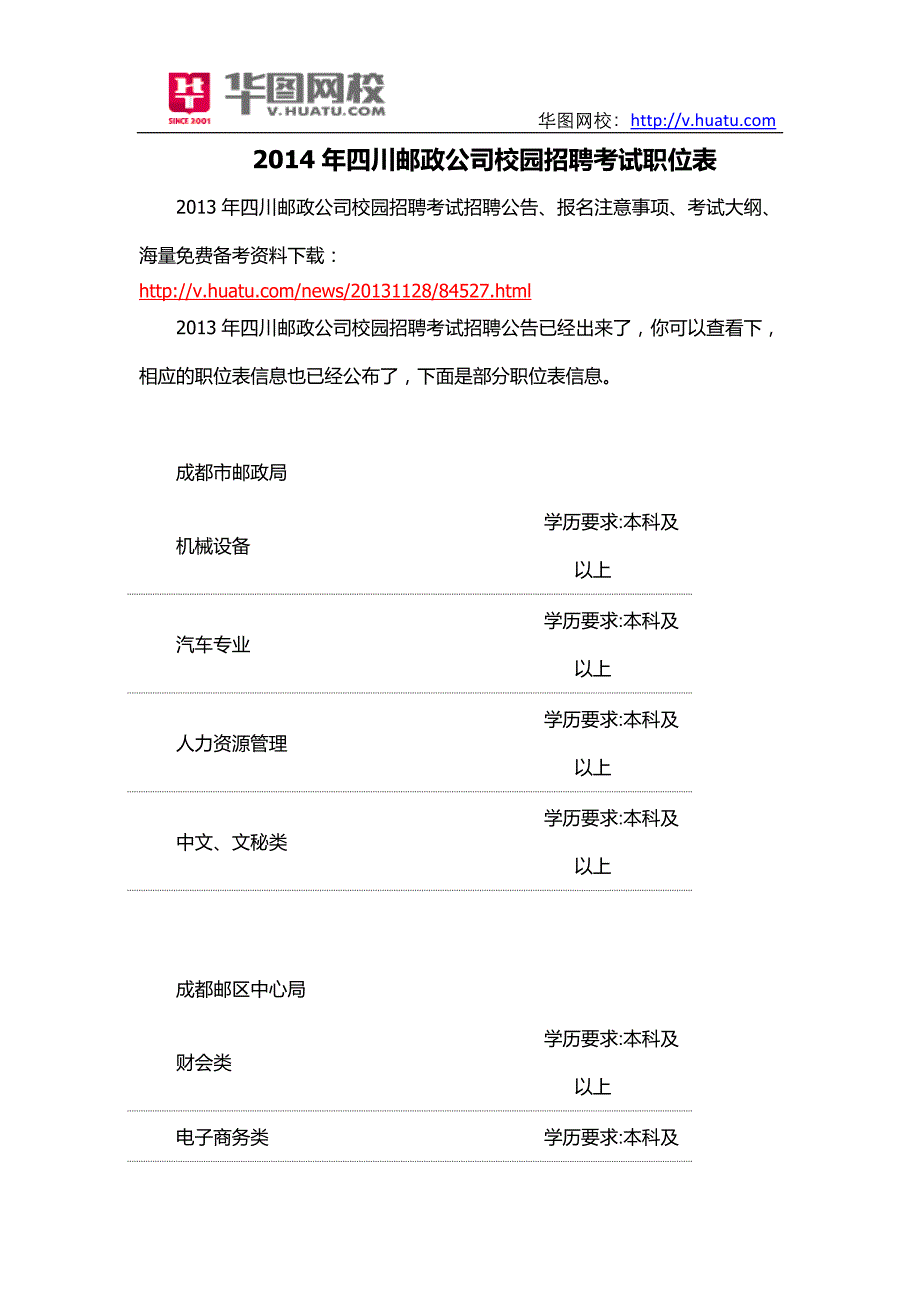 2014年四川邮政公司校园招聘考试职位表_第1页