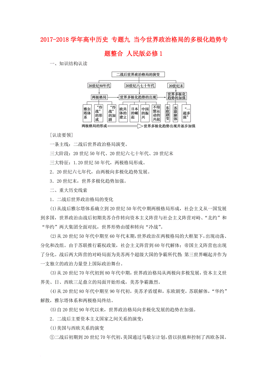 高中历史 专题九 当今世界政治格局的多极化趋势专题整合 人民版必修1_第1页