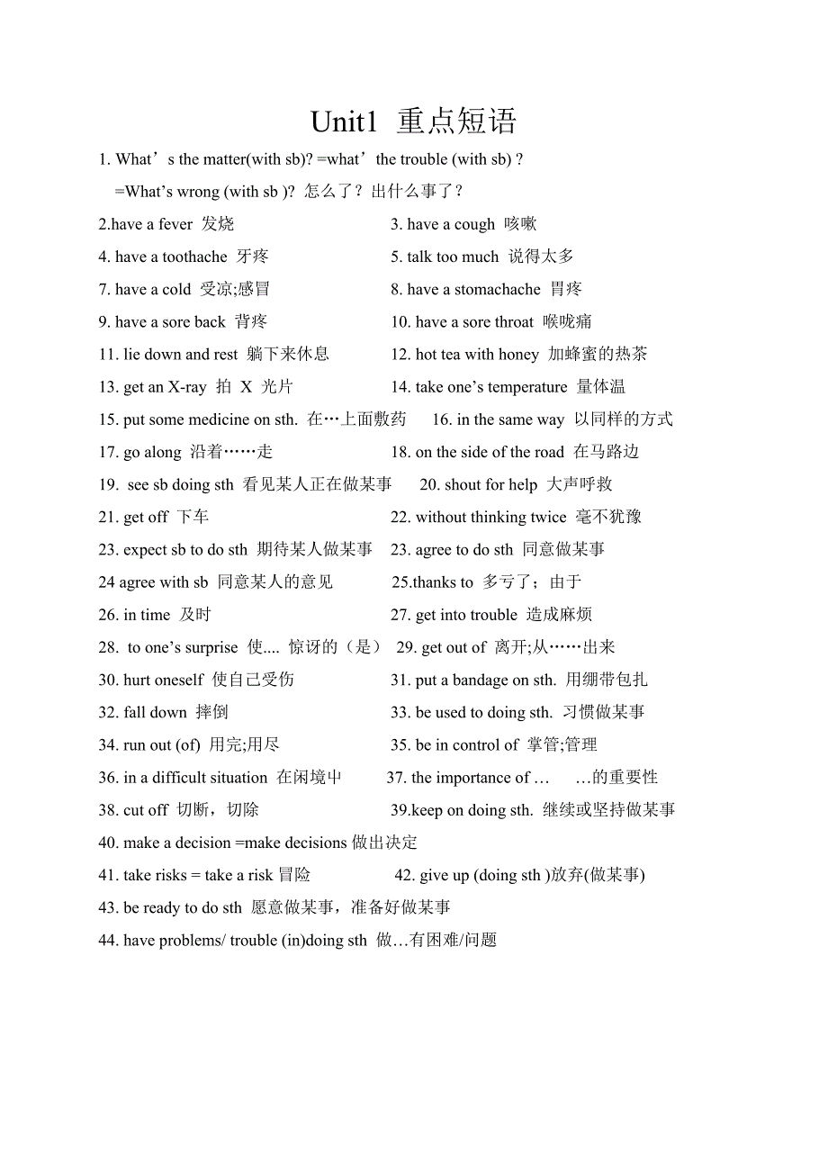 2017春人教版八年级英语下册练习《unit 1 what’s the matter》重点短语_第1页