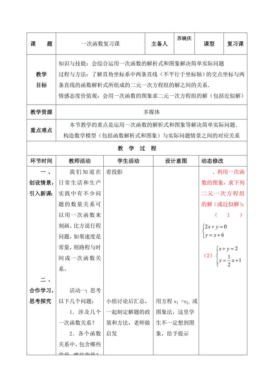 2017春人教版八年级数学下册教案：一次函数复习课_第1页