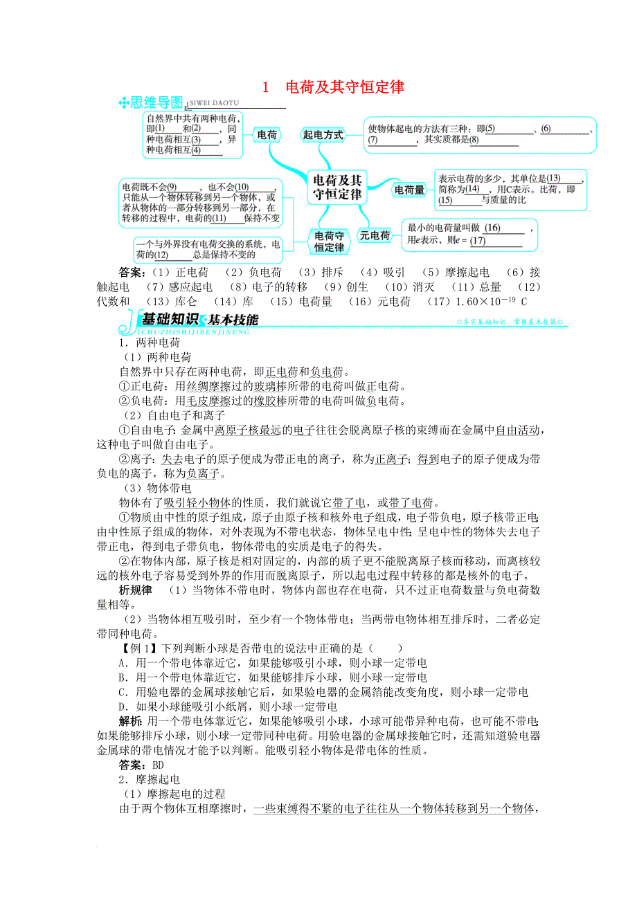 高中物理 第一章 静电场 第1节 电荷及其守恒定律学案 新人教版选修_第1页