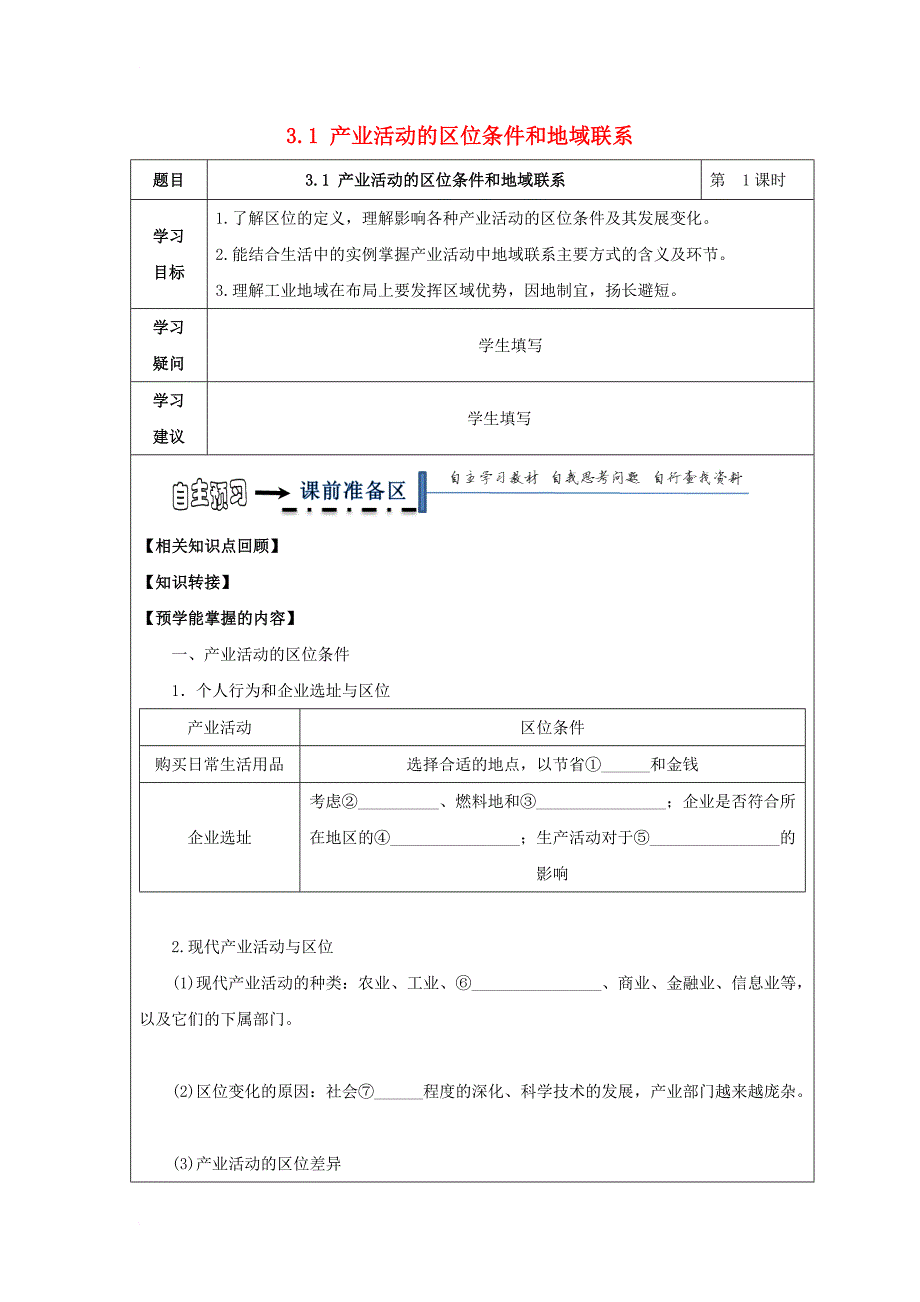 高中地理 第三章 区域产业活动 3_1 产业活动的区位条件和地域联系学案 湘教版必修2_第1页