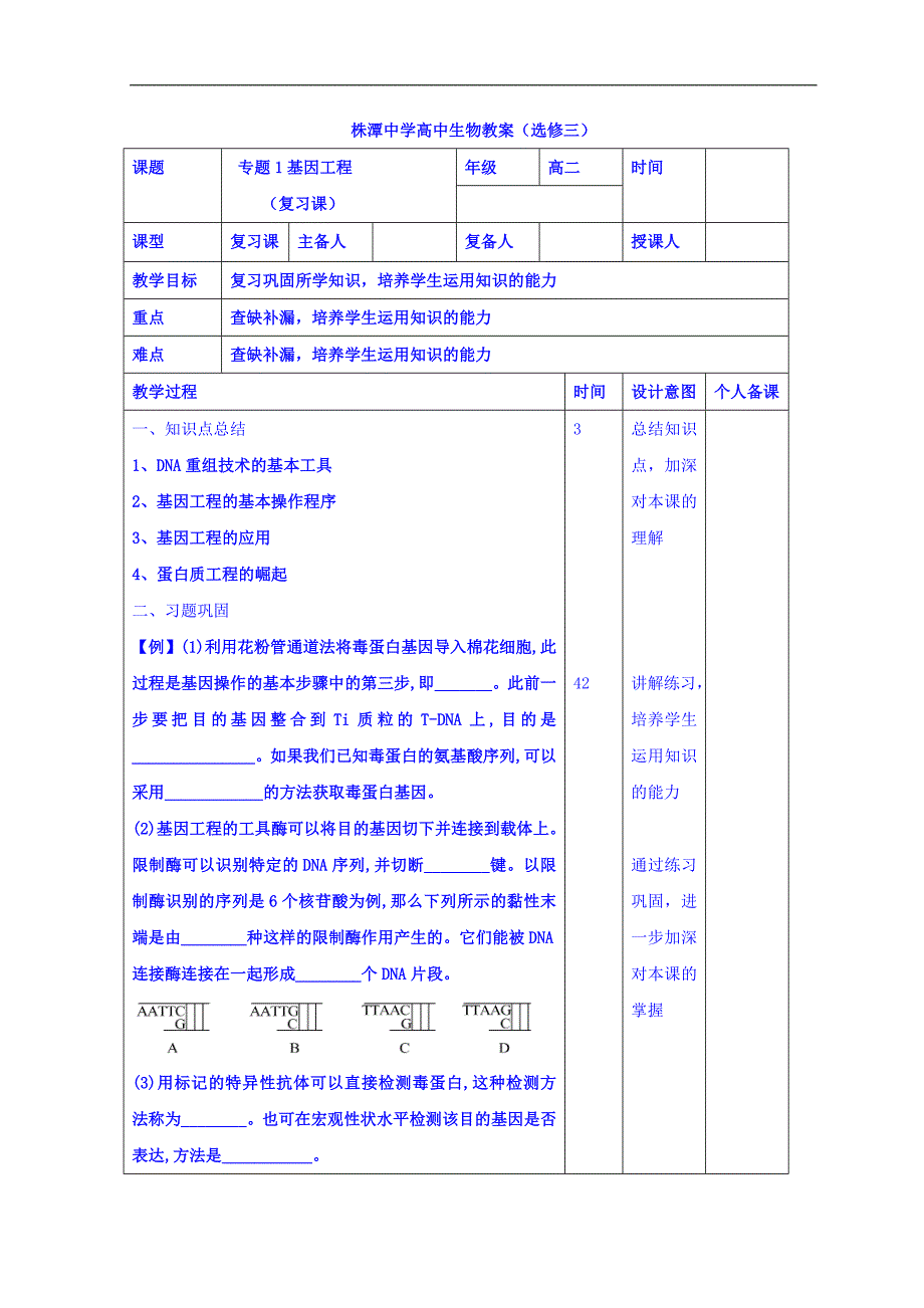 江西省万载县株潭中学高二生物选修三教案：专题1基因工程（复习课） _第1页