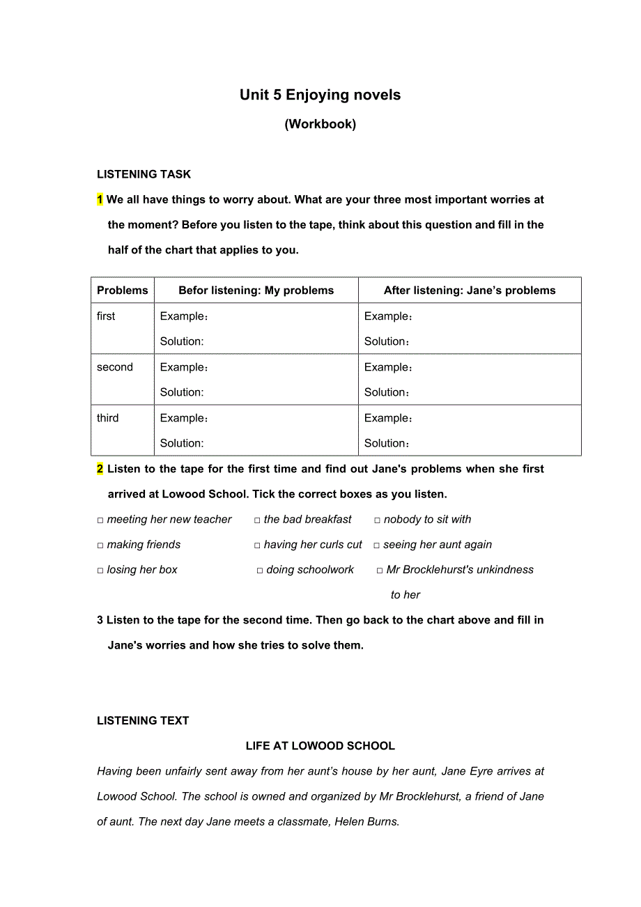 教材试题 unit 5 (workbook) listening task_第1页