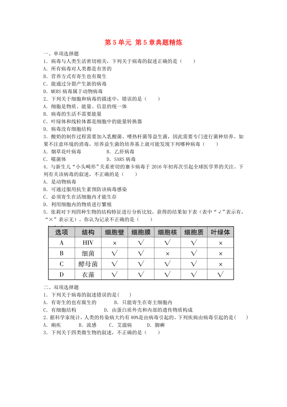 中考生物总复习 第5单元 第5章典题精炼（无答案）_第1页