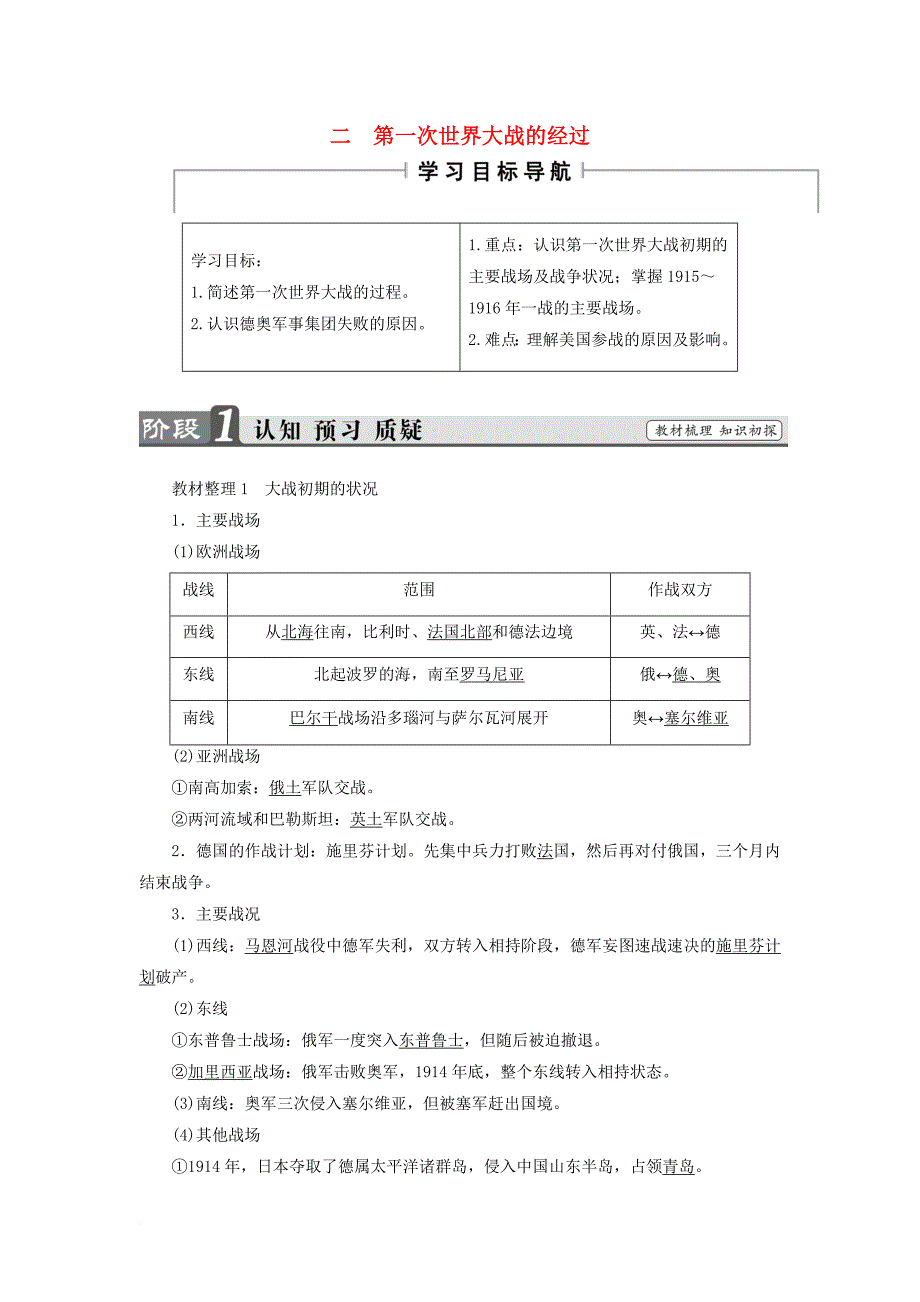 高中历史 专题1 第一次世界大战 2 第一次世界大战的经过教案（含解析）人民版选修3_第1页