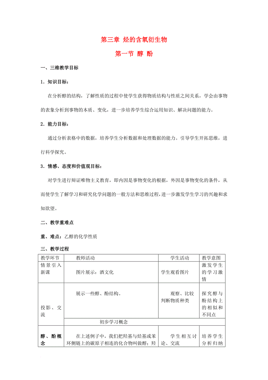 高中化学 第三章 烃的含氧衍生物 第一节 醇酚（第1课时）教学设计 新人教版选修51_第1页