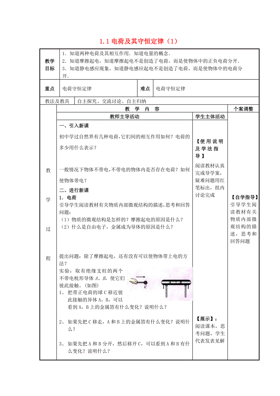 高中物理 第1章 电荷的相互作用 1_1 静电现象与电荷守恒教案1 沪科版选修3-11_第1页