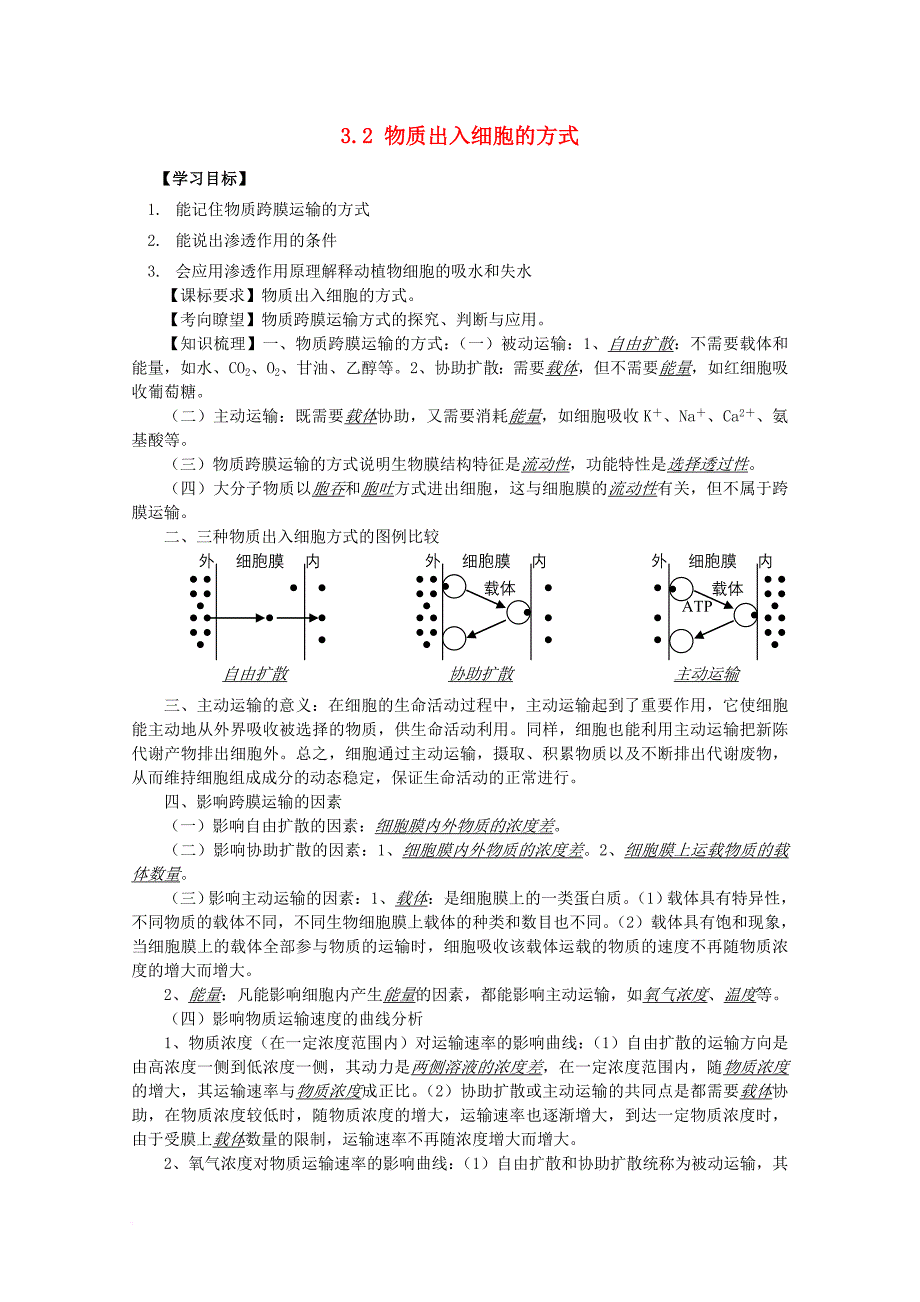 高中生物 第3章 细胞的代谢 3_2 物质出入细胞的方式学案（无答案）浙科版必修11_第1页