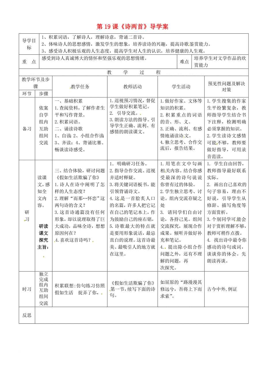 七年级语文下册 第五单元 19《诗两首》导学案1 新人教版_第1页