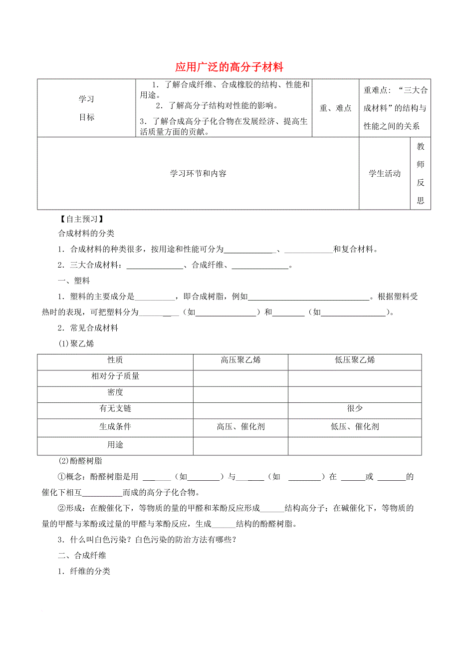 高中化学上学期第16周教学设计（应用广泛的高分子材料）_第1页