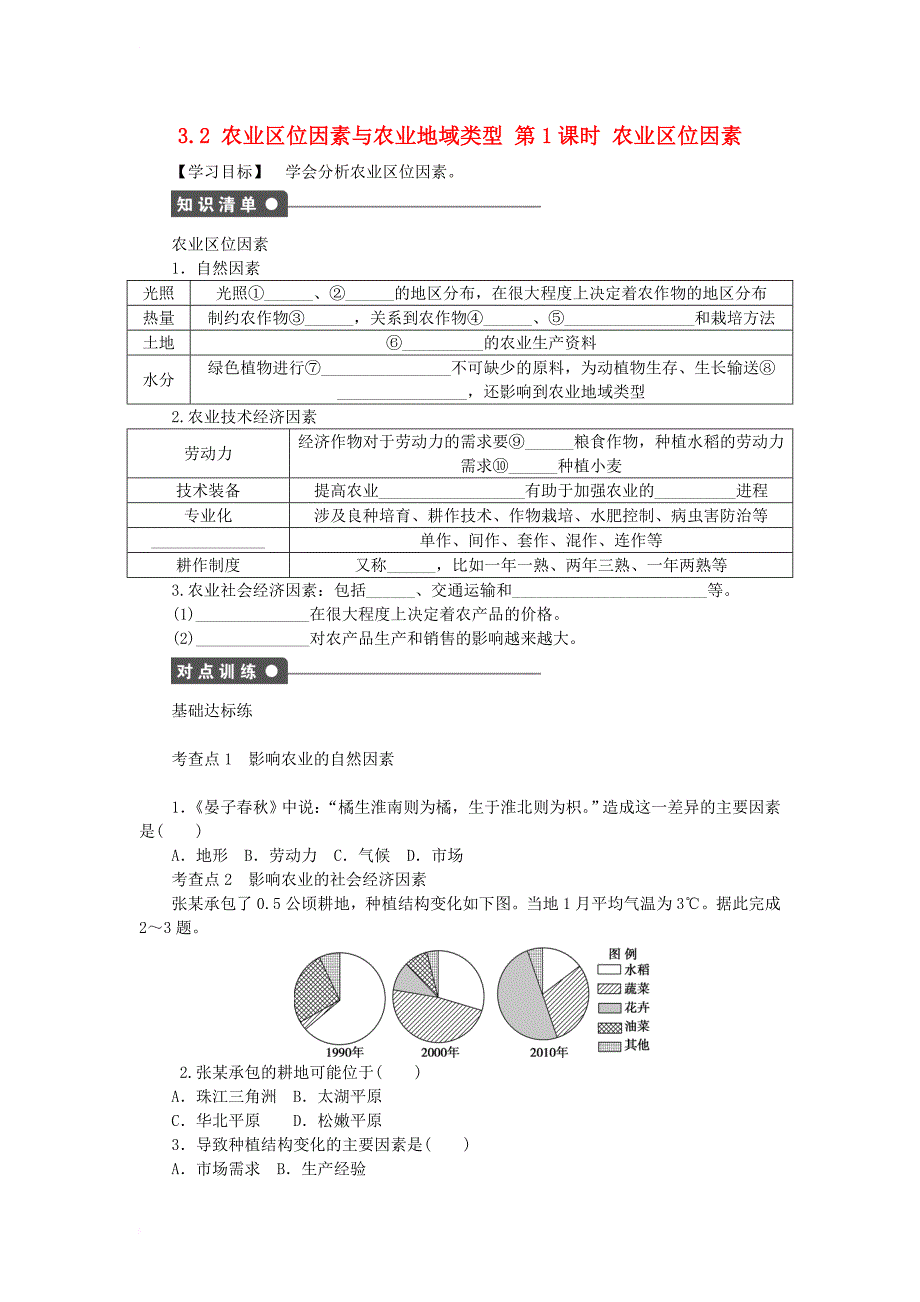 高中地理 第三章 区域产业活动 3_2 农业区位因素与农业地域类型（第1课时）农业区位因素学案（无答案）湘教版必修21_第1页